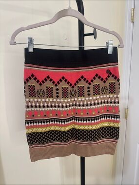 Fair Isle Knit Mini Skirt in Coral, Tan & Black